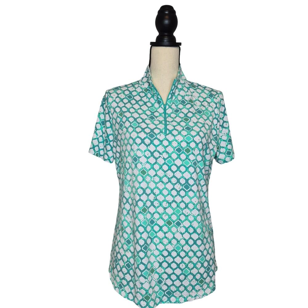 IBKUL Caribbean Tile Golf Polo Shirt Women M Mint Green Quarter Zip Short Sleeve